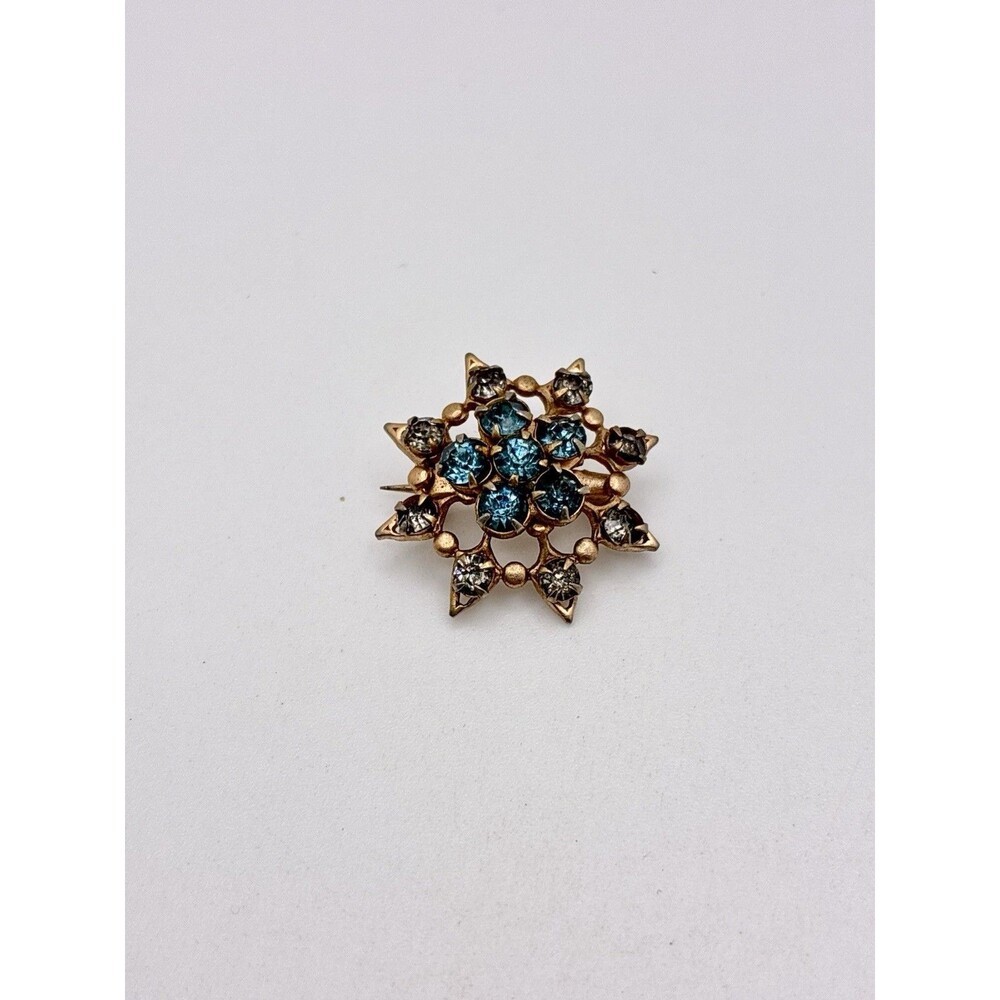 Flower Gold Tone Brooch Blue White Rhinestones Old Vintage 3/4 Inch